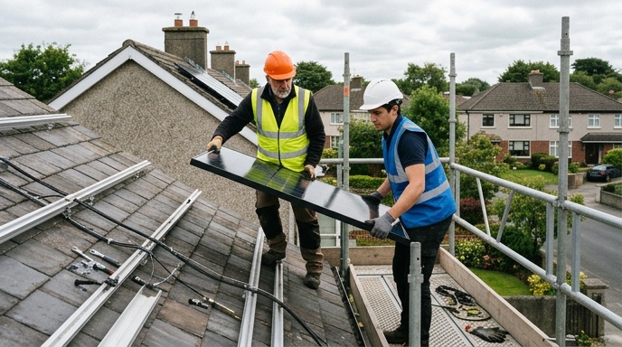 Solar panels mounted on a slate roof of an Irish semi-detached home