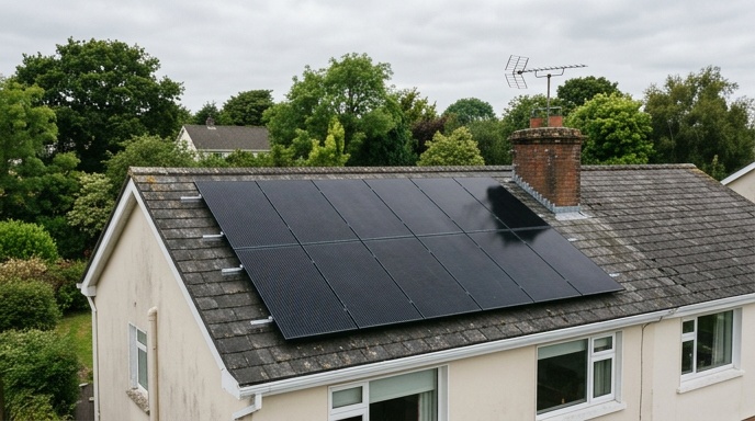 Irish semi-detached house with for sale sign and solar panels on the roof
